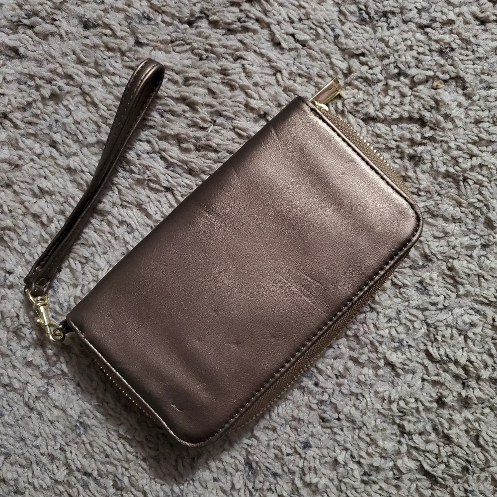 Target brown metallic flower applique clutch wallet wrist bag wristlet